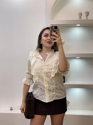 Tasarım Bej Fistolu Volanlı Gömlek 