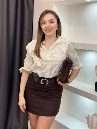 Tasarım Bej Fistolu Volanlı Gömlek 