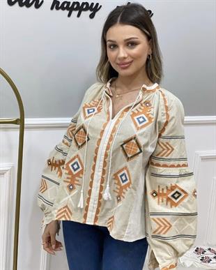 Tasarım Bej Nakışlı Bluz