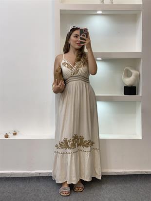 Tasarım Bej Nakışlı Model Elbise