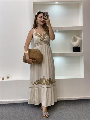 Tasarım Bej Nakışlı Model Elbise