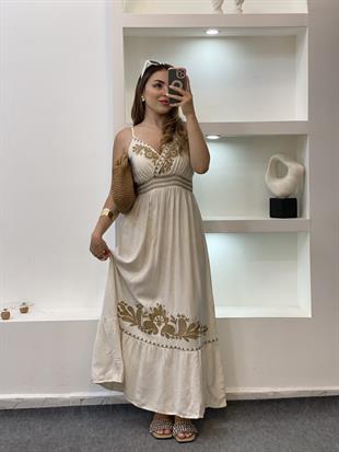Tasarım Bej Nakışlı Model Elbise