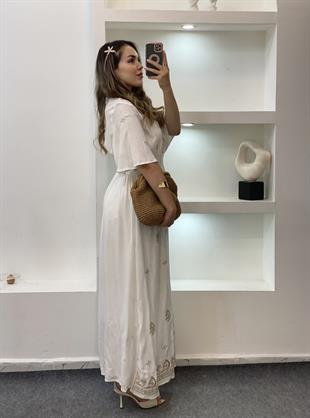 Tasarım Bej Nakışlı Özel Seri Elbise