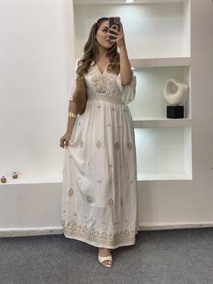 Tasarım Bej Nakışlı Özel Seri Elbise