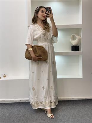 Tasarım Bej Nakışlı Özel Seri Elbise