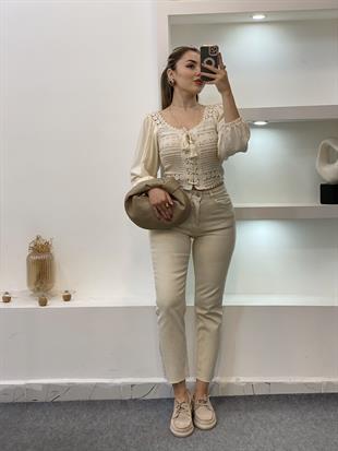 Tasarım Bej Önü Bağlamalı Model Dantel Bluz 
