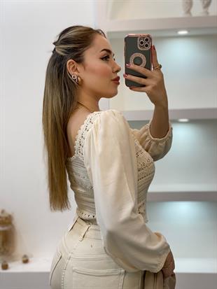 Tasarım Bej Önü Bağlamalı Model Dantel Bluz 