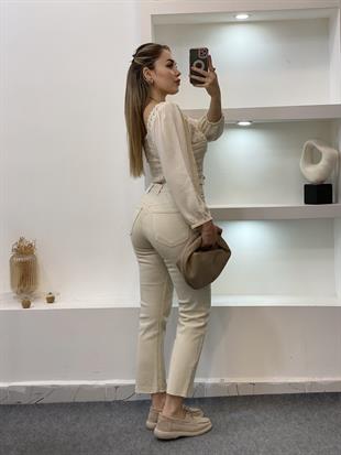 Tasarım Bej Önü Bağlamalı Model Dantel Bluz 