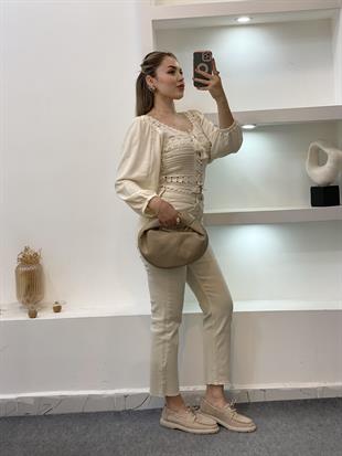 Tasarım Bej Önü Bağlamalı Model Dantel Bluz 