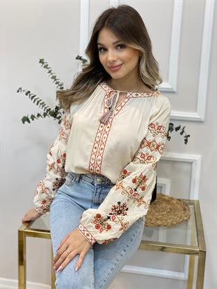 Tasarım Bej Önü Bağlamalı Nakış Detaylı Bluz