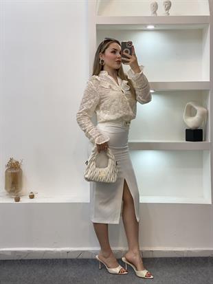 Tasarım Bej Renk Volanlı Gömlek 