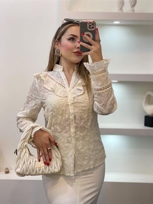 Tasarım Bej Renk Volanlı Gömlek 