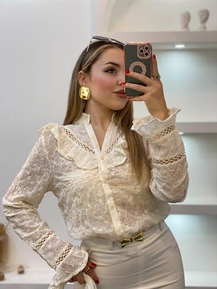 Tasarım Bej Renk Volanlı Gömlek 