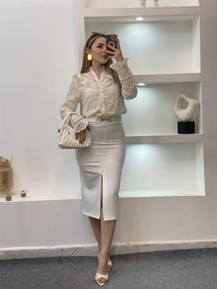 Tasarım Bej Renk Volanlı Gömlek 