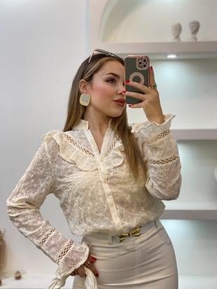 Tasarım Bej Renk Volanlı Gömlek 