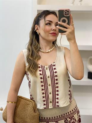 Tasarım Bej Üzerine Bordo Desenli Etekli  Keten Takım