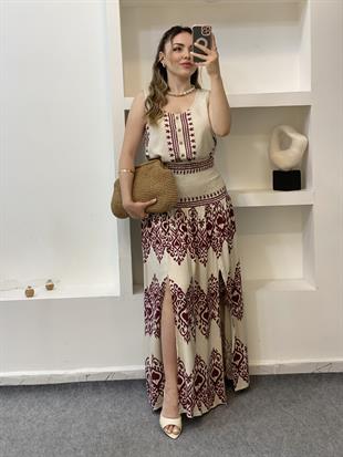 Tasarım Bej Üzerine Bordo Desenli Etekli  Keten Takım