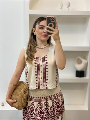 Tasarım Bej Üzerine Bordo Desenli Etekli  Keten Takım