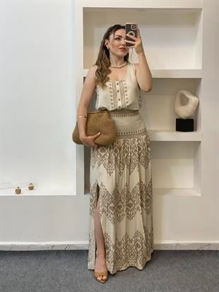 Tasarım Bej Üzerine Kahve Desenli Etekli  Keten Takım