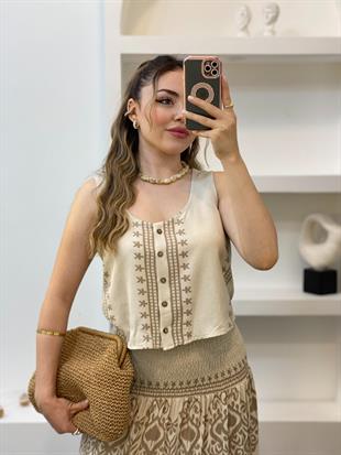 Tasarım Bej Üzerine Kahve Desenli Etekli  Keten Takım