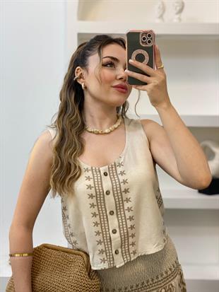 Tasarım Bej Üzerine Kahve Desenli Etekli  Keten Takım