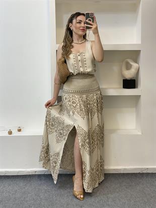 Tasarım Bej Üzerine Kahve Desenli Etekli  Keten Takım