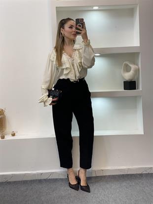 Tasarım Bej V Yaka Önü Volanlı  Bluz 