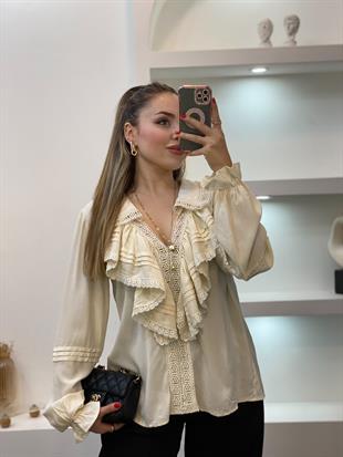 Tasarım Bej V Yaka Önü Volanlı  Bluz 