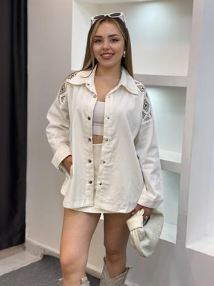 Tasarım Beyaz Nakışlı Ceket 