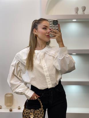 Tasarım Beyaz Nakışlı Vintage Gömlek 