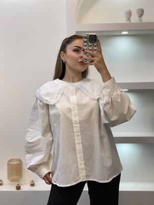 Tasarım Beyaz Nakışlı Vintage Gömlek 
