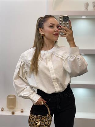 Tasarım Beyaz Nakışlı Vintage Gömlek 