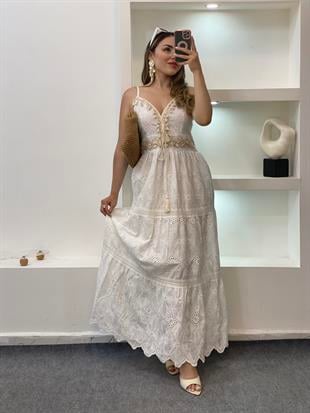 Tasarım Beyaz Püskül ve Boncuk Detaylı Fisto Elbise