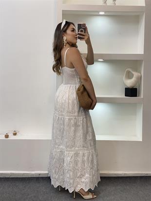 Tasarım Beyaz Püskül ve Boncuk Detaylı Fisto Elbise