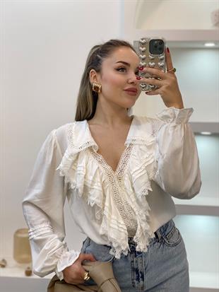 Tasarım Beyaz V Yaka Önü Volanlı  Bluz 