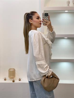 Tasarım Beyaz V Yaka Önü Volanlı  Bluz 