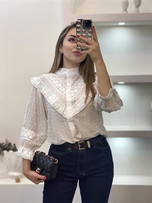 Tasarım Beyaz Volanlı Gömlek 