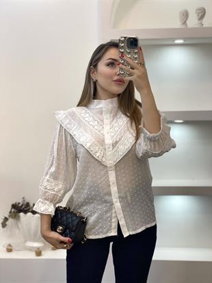 Tasarım Beyaz Volanlı Gömlek 