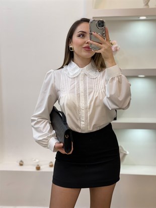 Tasarım Beyaz Yakası Fistolu Gömlek 