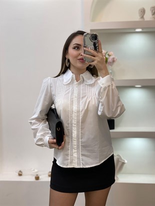 Tasarım Beyaz Yakası Fistolu Gömlek 