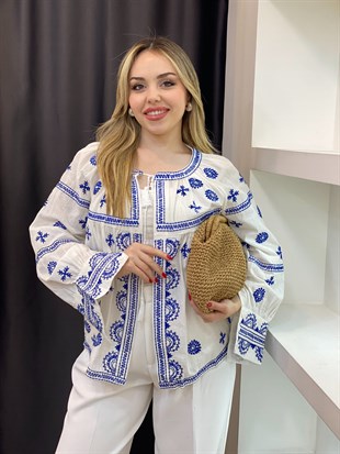 Tasarım Bohem Tarz Mavi Nakışlı Ceket 
