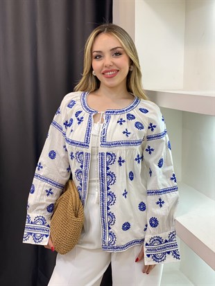 Tasarım Bohem Tarz Mavi Nakışlı Ceket 