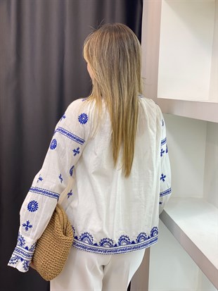 Tasarım Bohem Tarz Mavi Nakışlı Ceket 