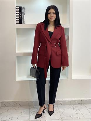 Tasarım Bordo Oversize Beli Kemerli Blazer Ceket