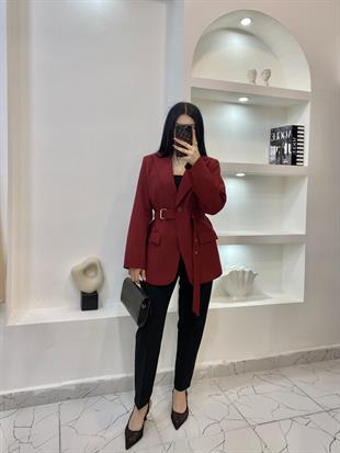 Tasarım Bordo Oversize Beli Kemerli Blazer Ceket