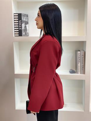Tasarım Bordo Oversize Beli Kemerli Blazer Ceket