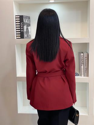 Tasarım Bordo Oversize Beli Kemerli Blazer Ceket