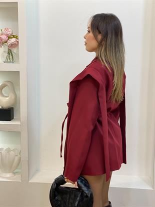 Tasarım Bordo Oversize Beli Kuşaklı Blazer Ceket