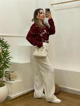 Tasarım Bordo Renk Motifli Triko Hırka 