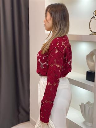 Tasarım Bordo Renk Motifli Triko Hırka 